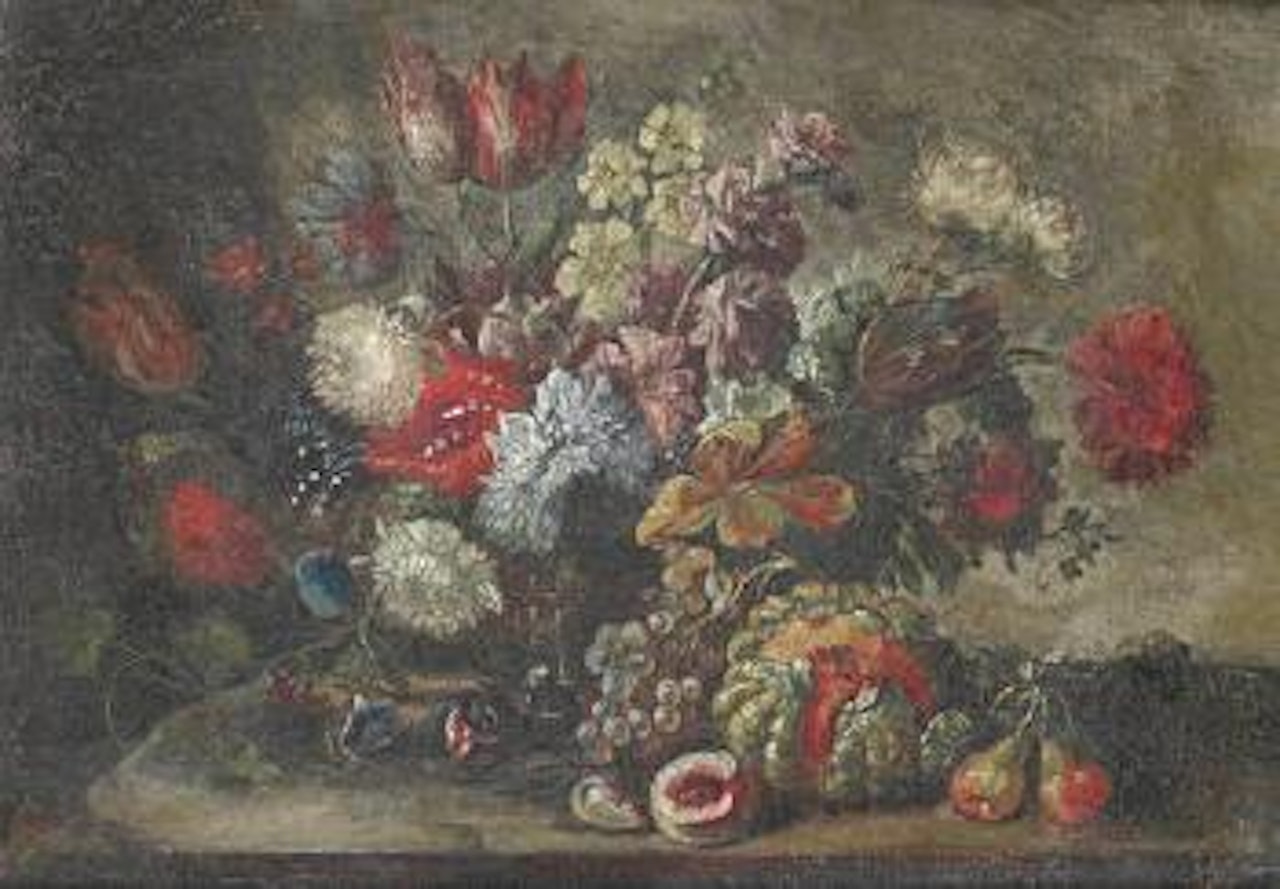 Roses, carnations, tulips and other flowers in a wicker basket on a table top, with pears, grapes and other fruit by Gasparo Lopez