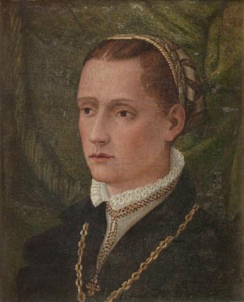 Portrait of a lady, bust-length, in a black dress and a white collar, wearing a gold chain, before a green velvet curtain by Lorenzo Lotto