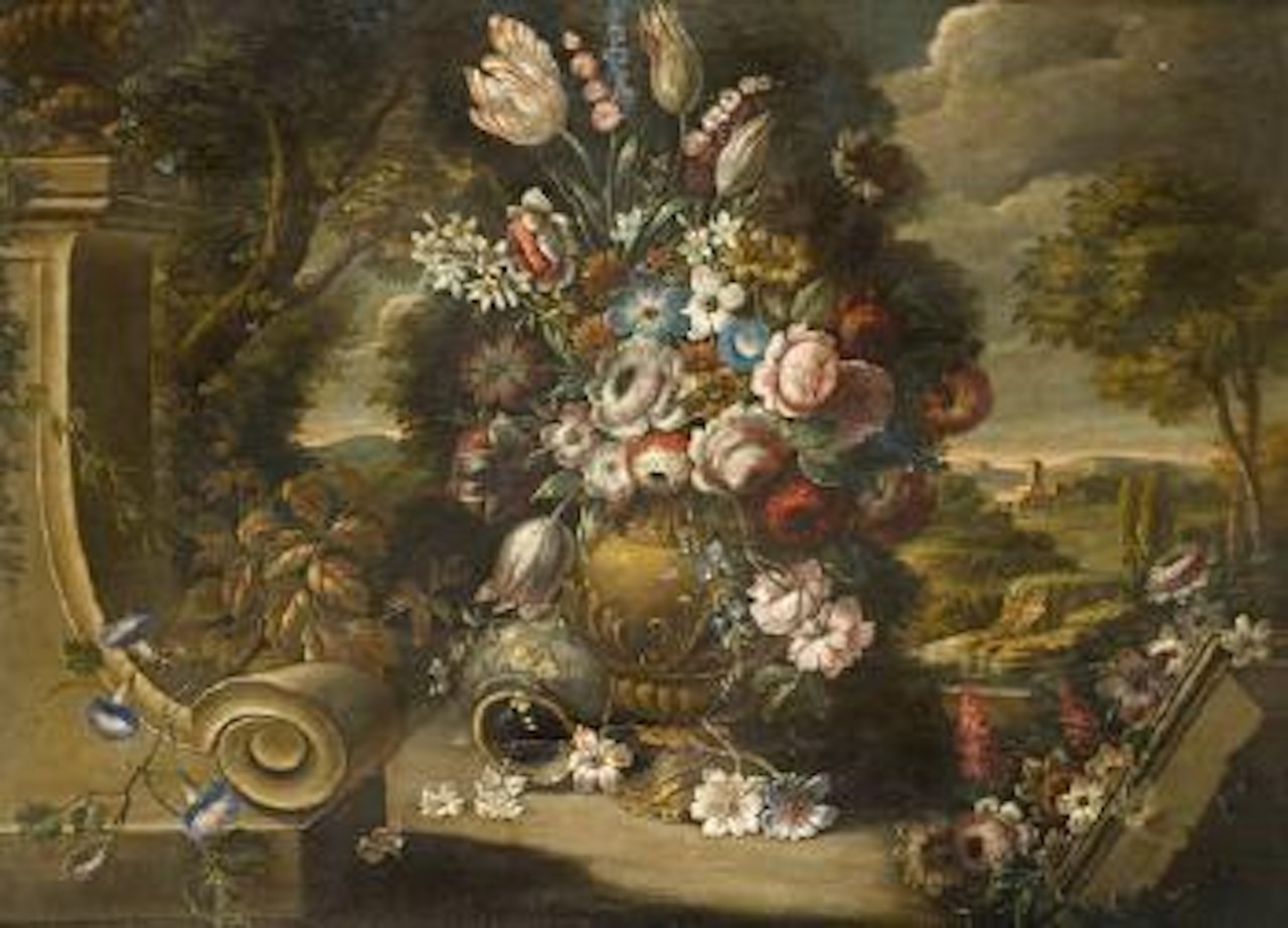 Carnations, tulips, jasmine and other flowers in a classical urn before an Italianate landscape by Gasparo Lopez