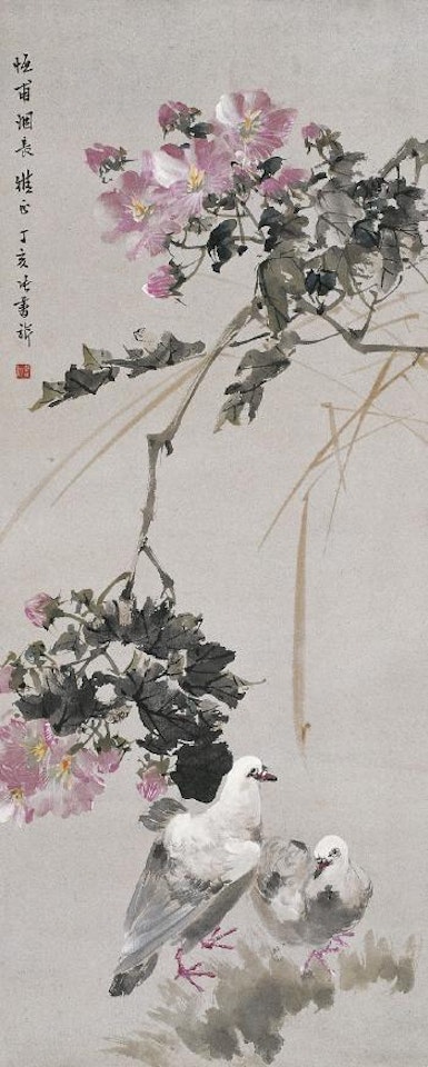 Pair of pigeons and flowers by Zhang Shuqi