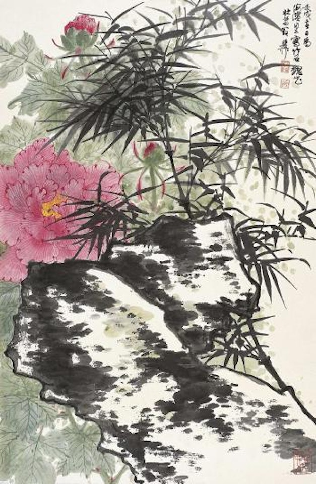 Bamboo, stone and flowers by Xie Zhiliu