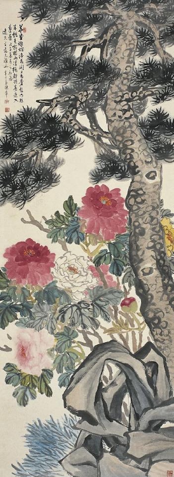 Pine and cypress and peony by Chen Banding