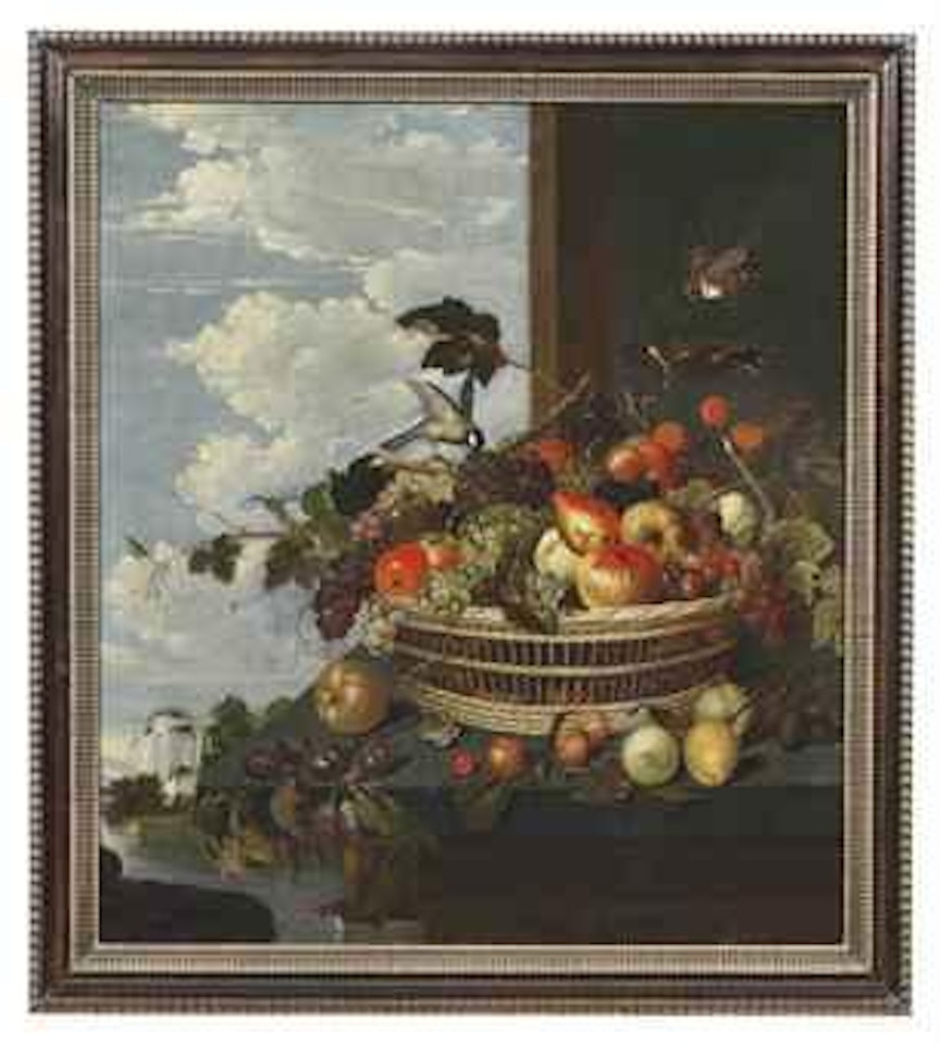 A wicker basket with grapes, apples, pears and plums on a ledge with a sparrow and a coal tit, a view to a classical garden beyond by Adriaen van Utrecht