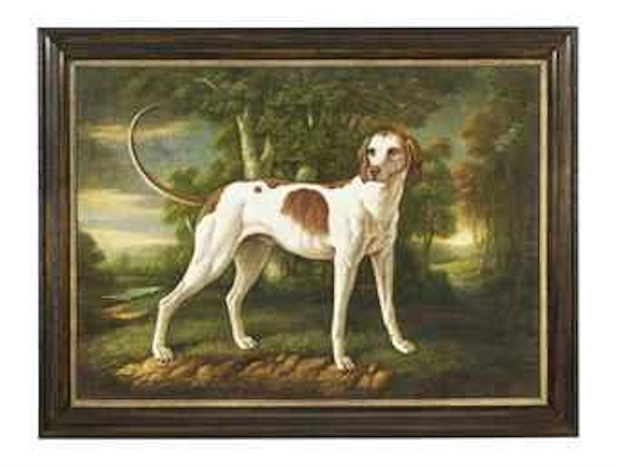 A French hunting dog in a wooded river landscape by Jean-Baptiste Oudry
