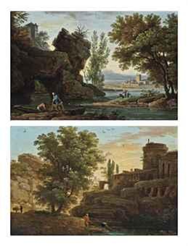 An Italianate river landscape with fishermen and their nets on a bank; and An Italianate river landscape with fishermen and their nets beneath a fortified hilltop town by Roman School