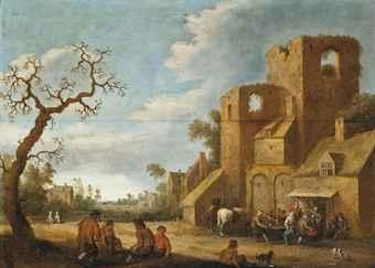 A rustic track with figures merrymaking outside an inn by Joost Cornelisz Droochsloot