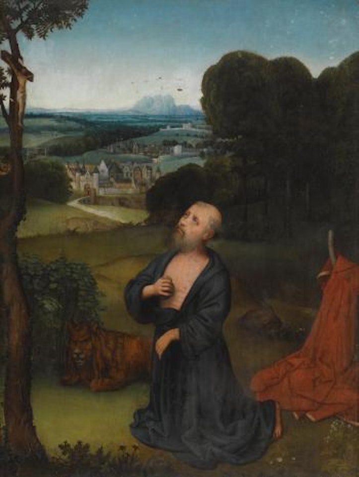 The Penitent St Jerome Kneeling Before a Portable Crucifix, An Extensive Landscape Beyond by Adriaen Isenbrandt