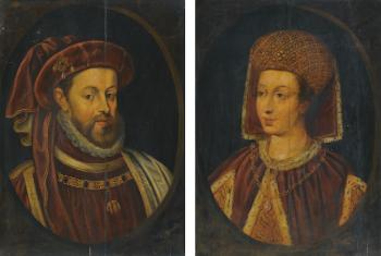 Portrait Of Charles V, (1500-1558), Holy Roman Emperor, As Sovereign Of The Order Of The Golden Fleece; Portrait Of a Lady, In a Bejewelled Headdress And Ermine-lined Cloak by Flemish School