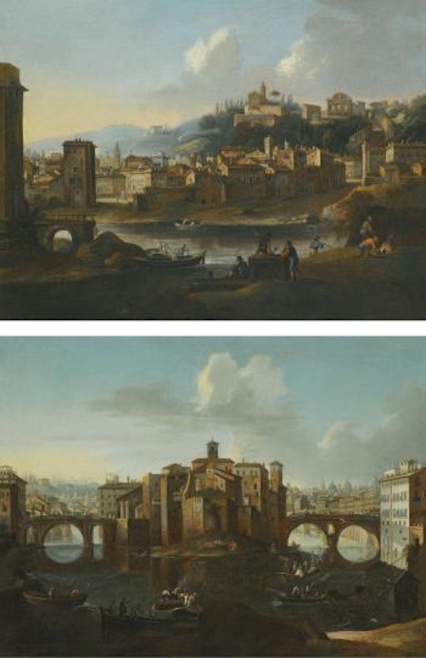 Rome, a View Of The Isola Tiberina; Rome, a View Of The Tiber Towards Trastevere, The Steeple Of Santa Maria In Tratevere In Centre, San Pietro In Montorio On Gianicolo Hill Beside The Acqua Paola Fountain by Roman School
