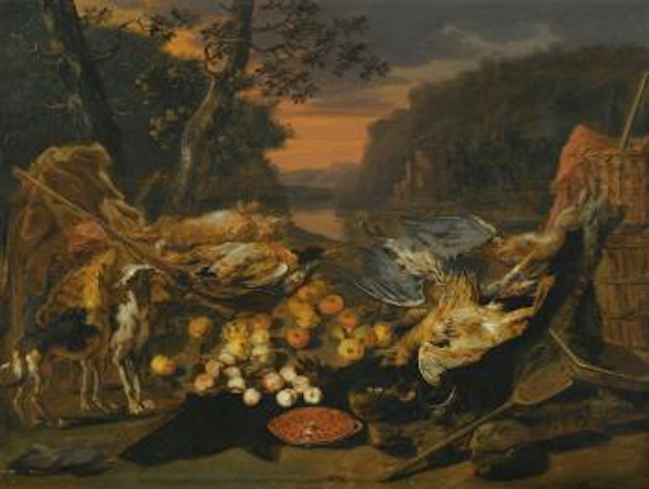 A Still Life With Game, Hunting Gear And Two Dogs by Jan Van Kessel The Elder