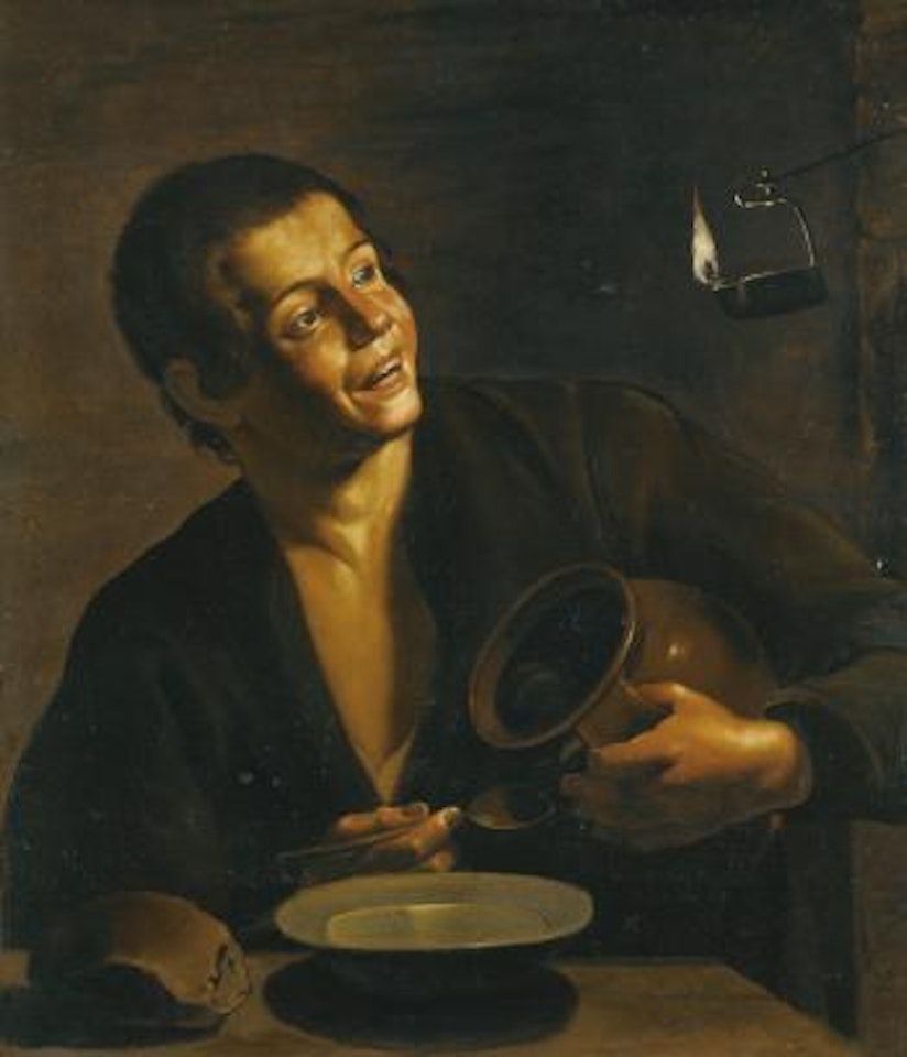 A Young Man Eating By The Light Of An Oil Lamp by Spanish School