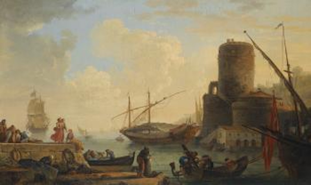 A Mediterranean Sea Port With Sailors Letting Down The Anchor And Unloading The Cargo Of a Ship by Claude Joseph Vernet