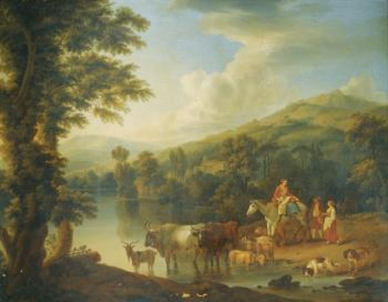A Wooded River Landscape With a Woman On a Grey Horse With Animals Watering; A Wooded River Landscape With a Shepherd Resting Beneath a Tree By Cows And Goats by Jacob Philipp Hackert