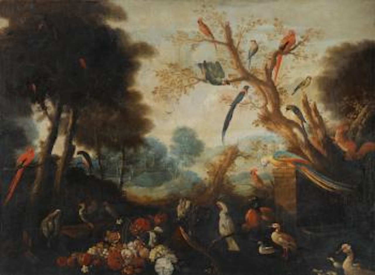 An Extensive Landscape With Different Birds And Animals, a Still Life With Flowers In The Foreground by Flemish School
