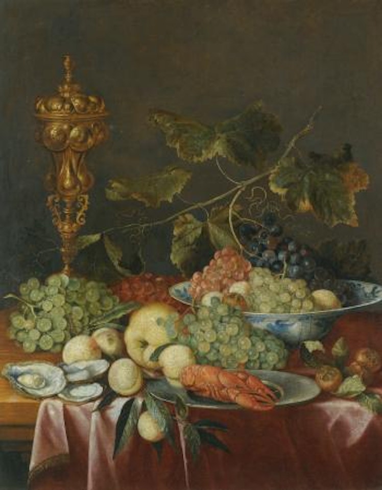 A Still Life Of Fruit, Nuts And Oysters With A Delftware Bowl, A Gilt Cup And A Crayfish On A Pewter Plate, All On A Table Partially Draped With A Red Cloth by Jan Davidsz de Heem