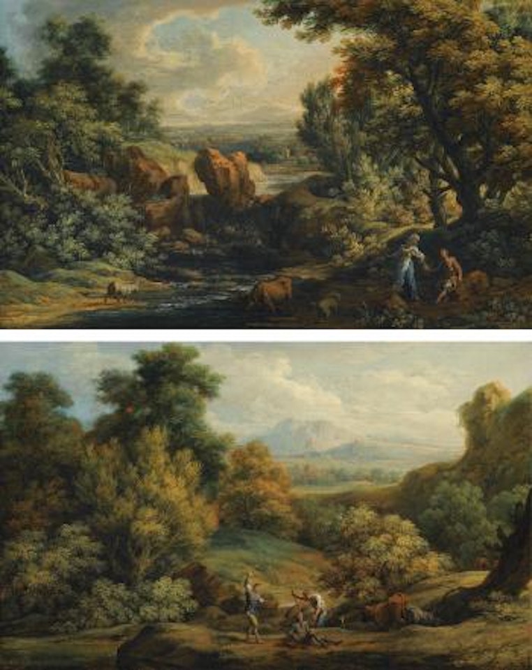 Two Hilly Wooded Landscapes With Shepherds by Roman School