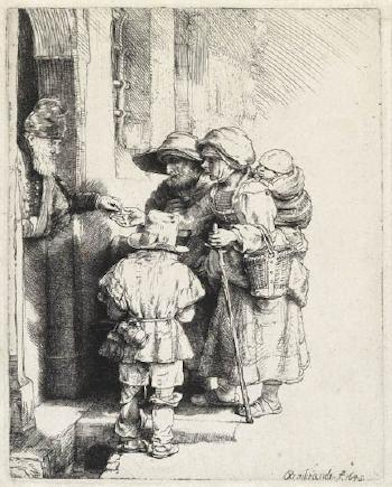 Beggars receiving alms at a door by Attributed to Rembrandt Harmensz van Rijn