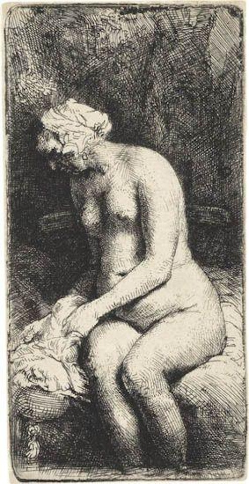 Woman bathing her feet at a brook by Attributed to Rembrandt Harmensz van Rijn