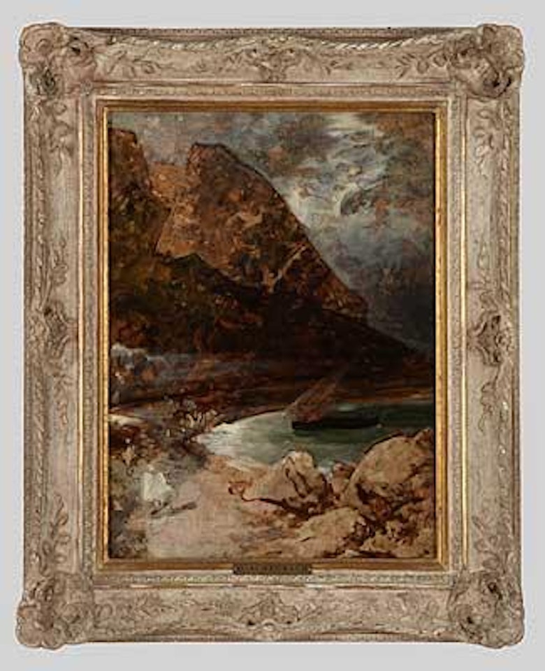 Fischerboot in einer felsigen Bucht by Oswald Achenbach