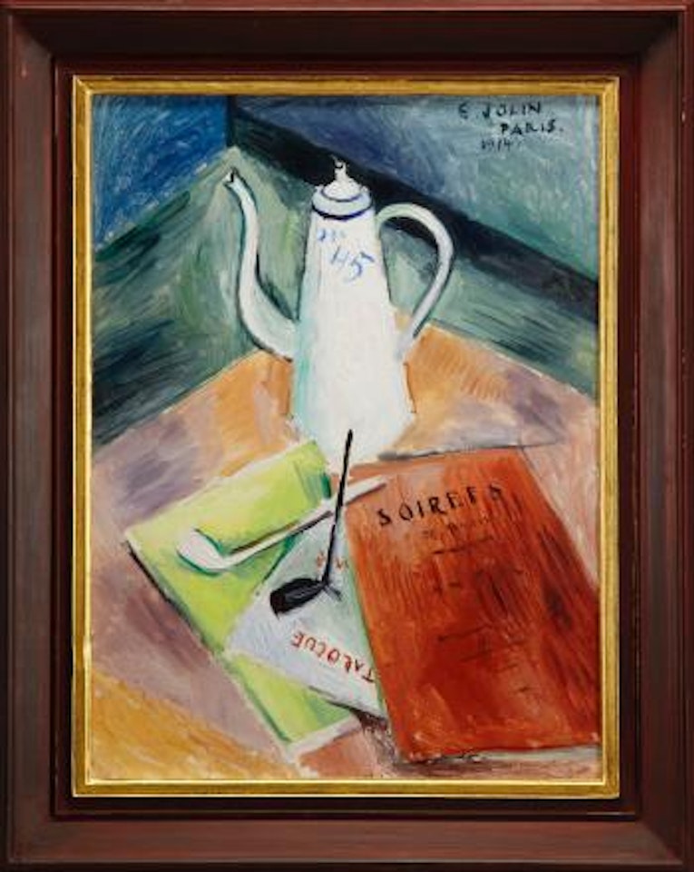 Stilleben med kaffekanna, tidskrifter och pipor by Einar Jolin