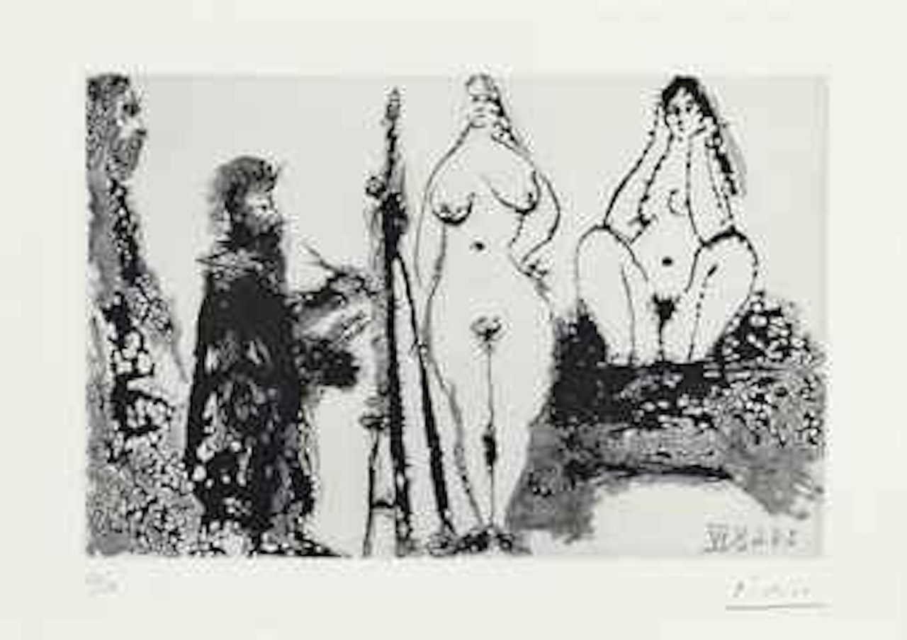 Peintre barbu en Robe de Chambre, avec deux Femmes nues et un Visiteur, from La Série 347 (B. 1715; Ba. 1732) by Pablo Picasso