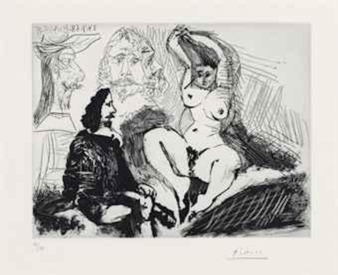 Homme assis auprès d'une Femme se Coiffant, Avec, Derriàre, Deux Peintres, from La Série 347 (B. 1810; Ba. 1827) by Pablo Picasso