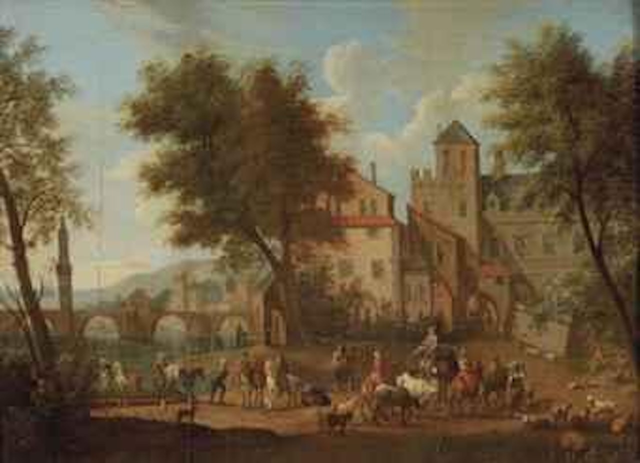 A town view with a ferry unloading travellers and livestock by Adriaen Frans Boudewyns by Pieter Bout