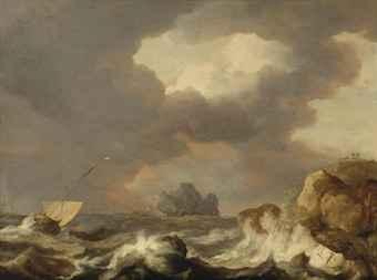 Shipping on stormy waters near a rocky coast by Allart van Everdingen
