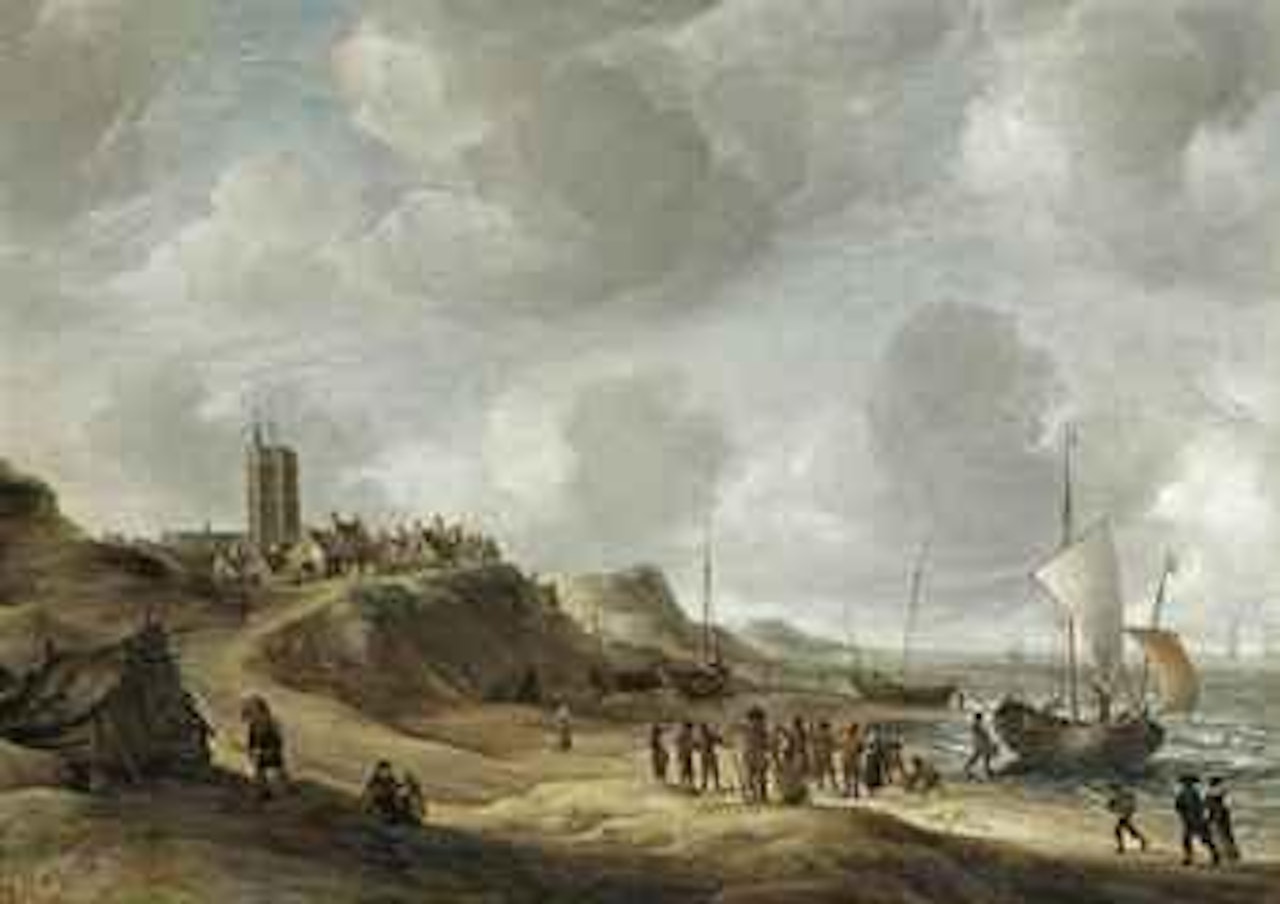 A view of Egmond aan Zee with fisherfolk on the beach and shipping offshore by Jan Abrahamsz. Beerstraten