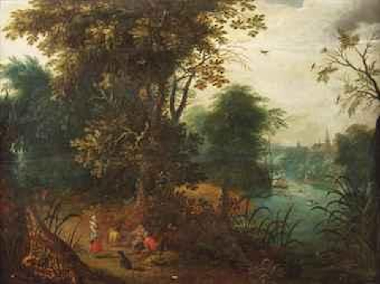A wooded river landscape with shepherds conversing on a track by Abraham Govaerts