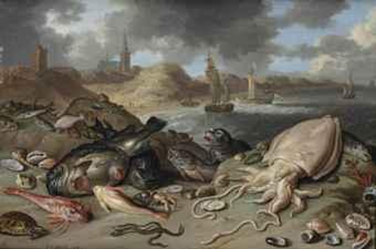 An allegory of water: a squid, a seal, a turtle, eels, oysters and other fish and shellfish in the dunes of Scheveningen, shipping beyond by Jan Van Kessel The Elder