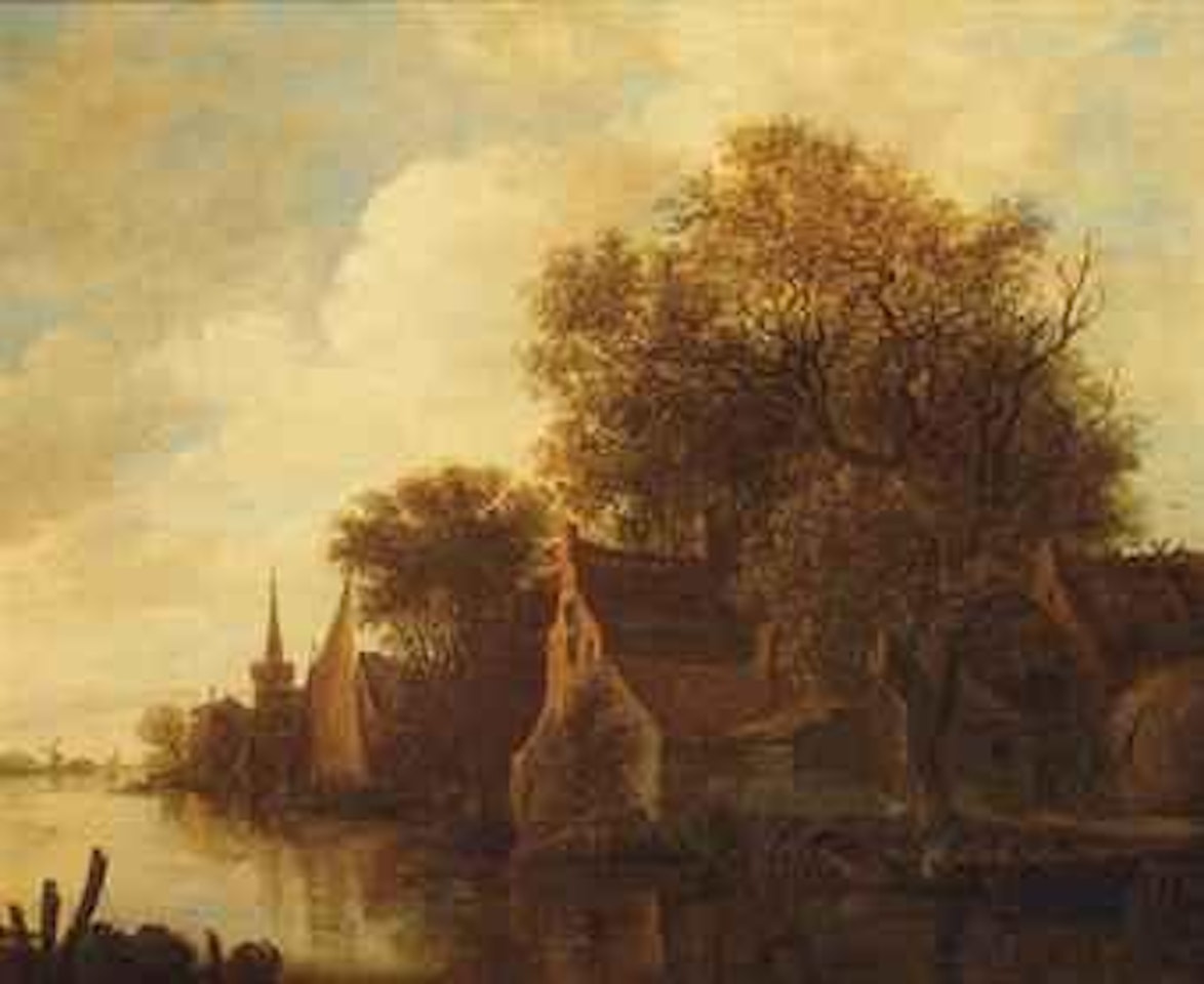 A riverlandscape with figures in a boat outside a village by Jan van Goyen