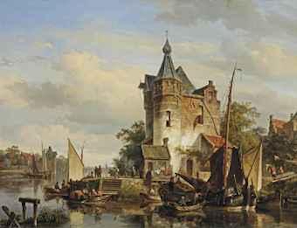 Moored barges at a quay near a keep by Cornelis Springer