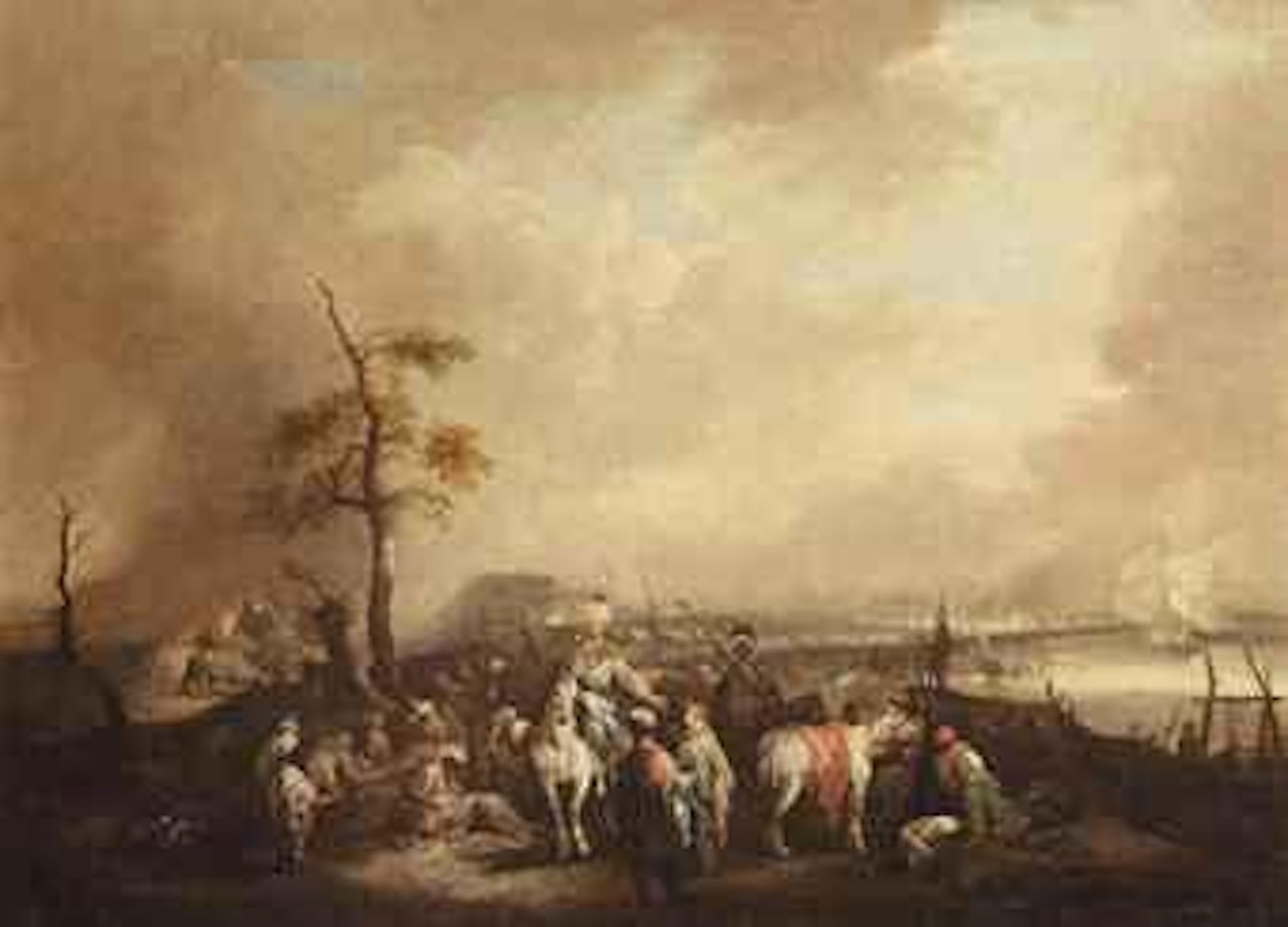 Soldiers outside an encampment near the coast, a naval battle beyond by Christian Wilhelm Ernst Dietrich