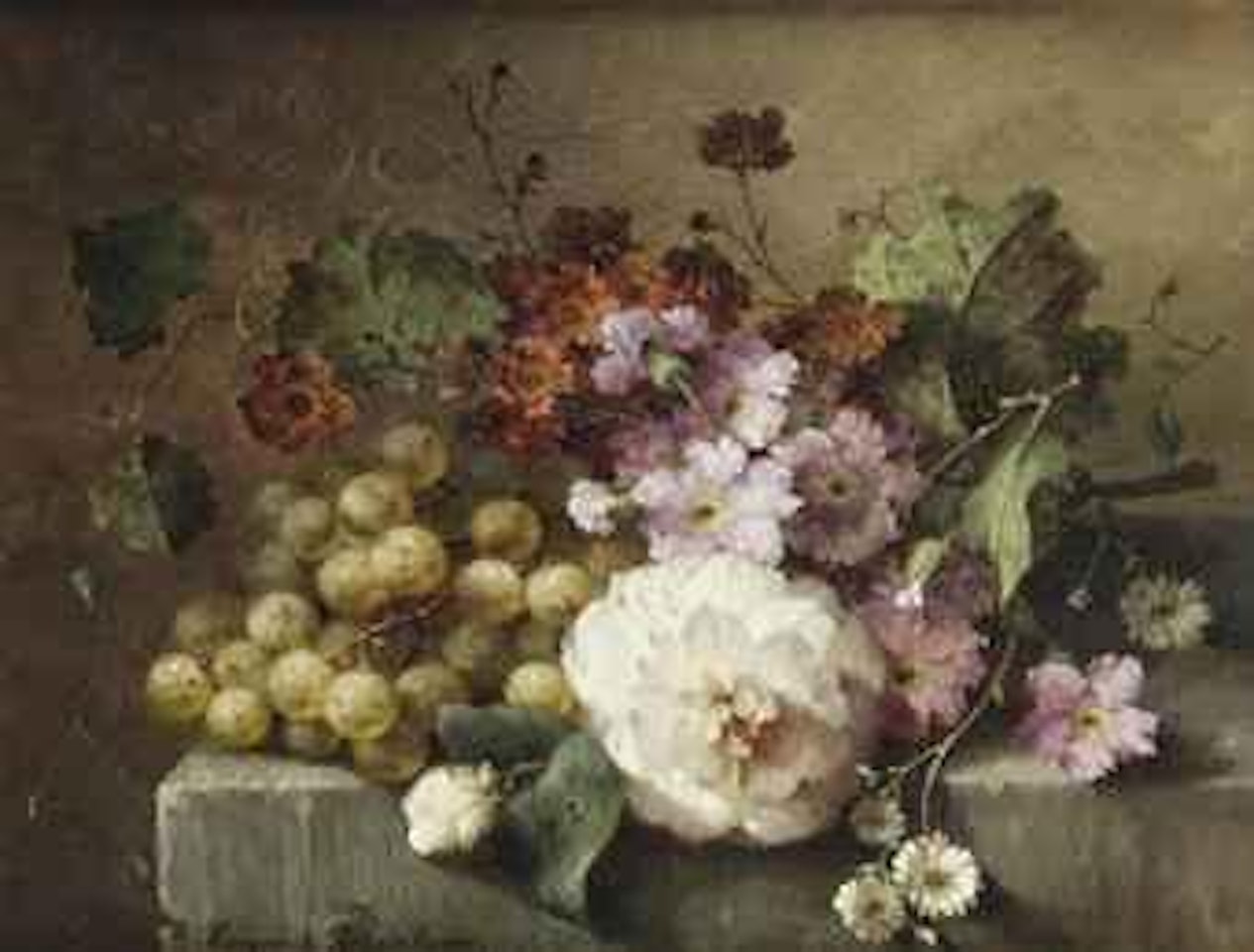 A camellia, carnations, grapes and other flowers on a marble ledge by Margaretha Roosenboom