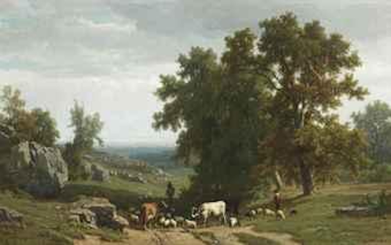 Cattle and figures in a summer landscape by Frans Keelhoff by Eugène Joseph Verboeckhoven