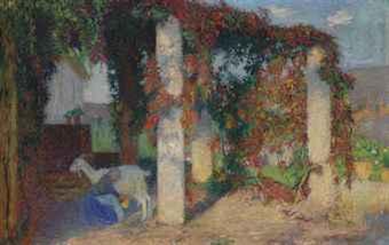 Jeune fille trayant une chèvre sous une pergola de Marquayrol by Henri Jean Guillaume Martin