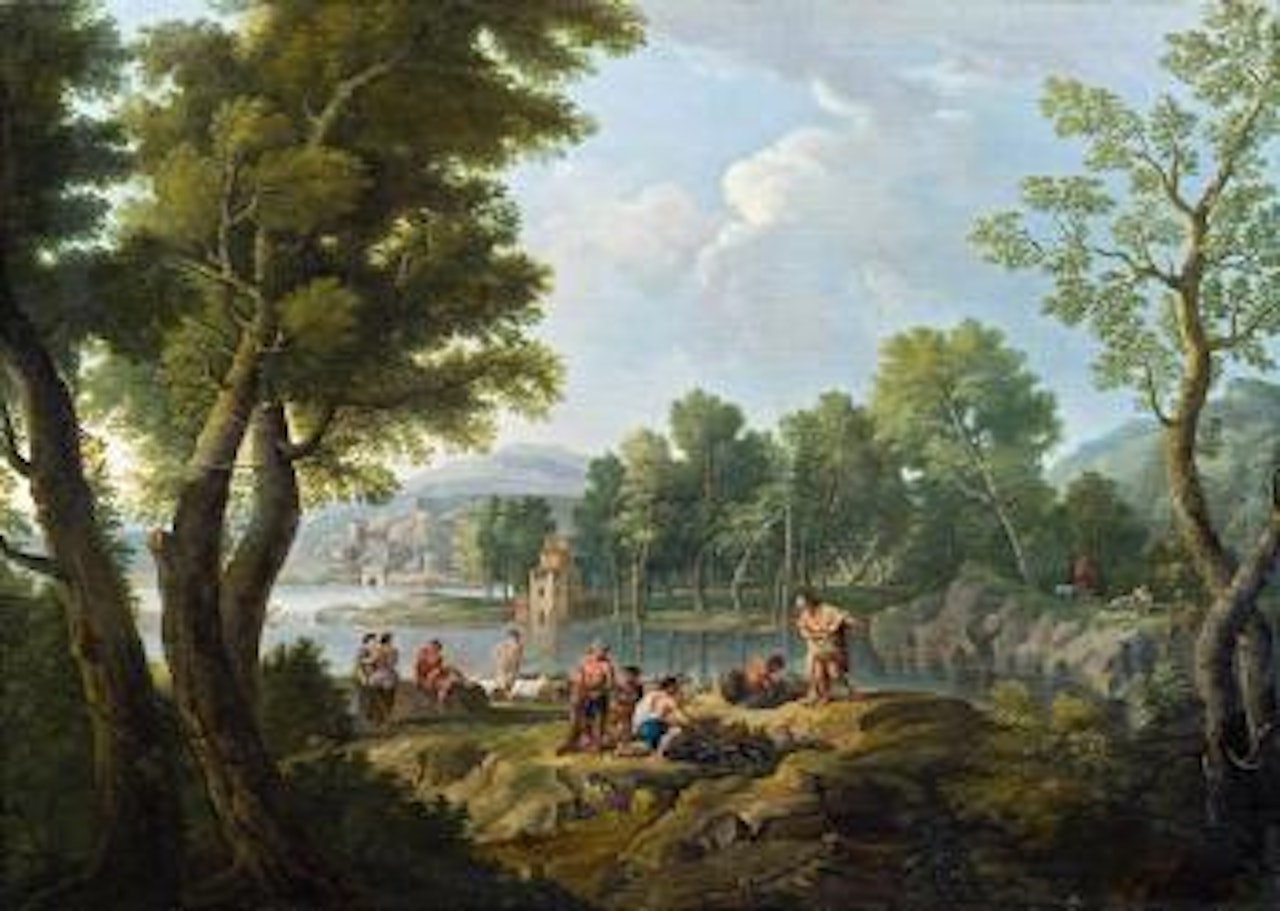 Südliche Landschaft mit Hirten und Fischern an einem Gewässer by Claude Lorrain