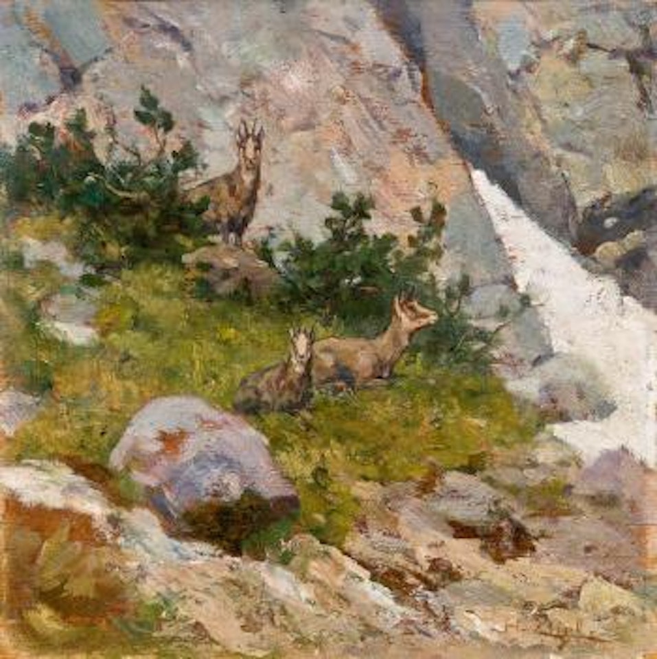 Berglandschaft mit Gemsen by Hugo Engl