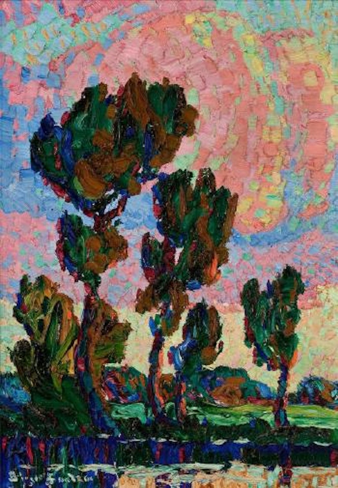 Cottonwood trees and pond by Birger Sandzen