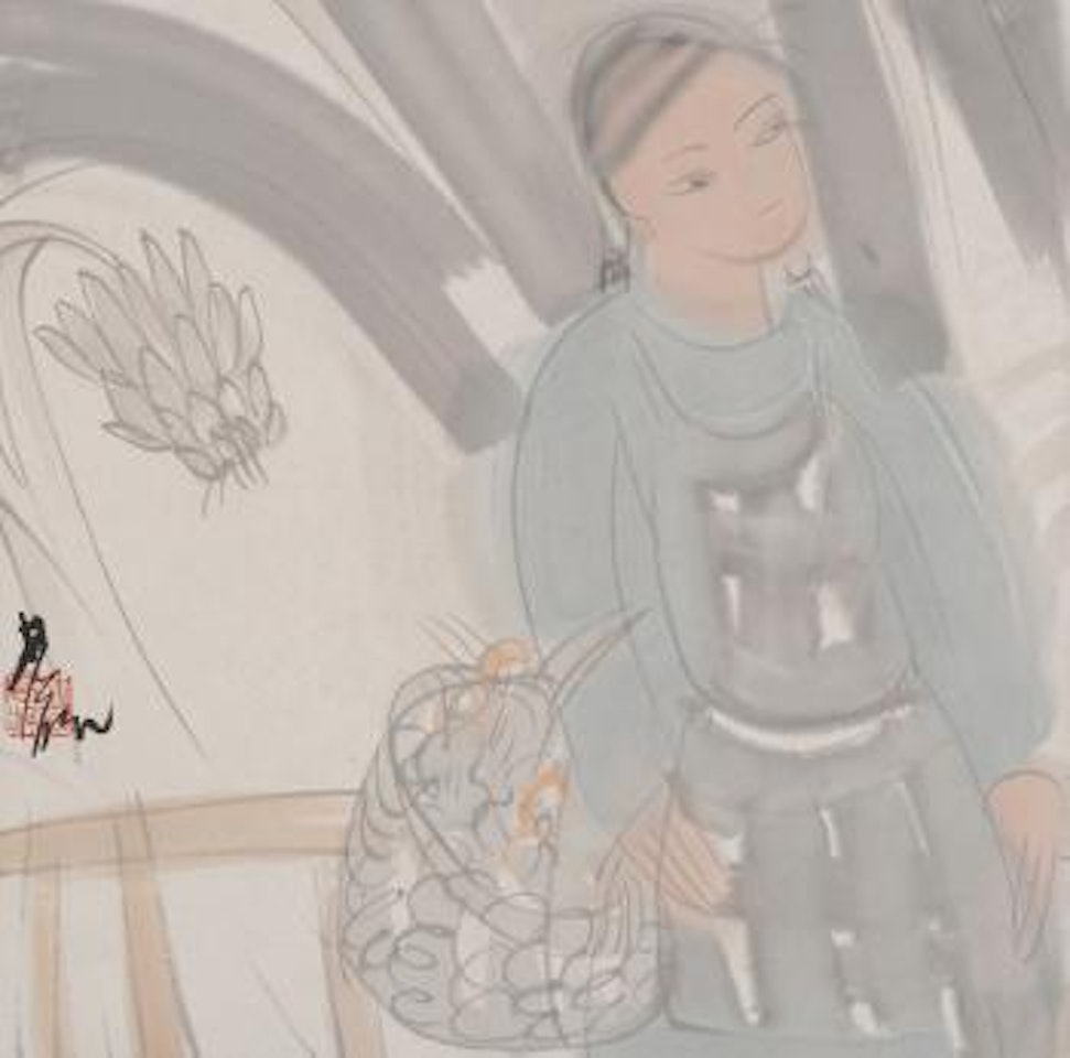Mädchen mit einem Korb vor einer Bananenstaude by Lin Fengmian