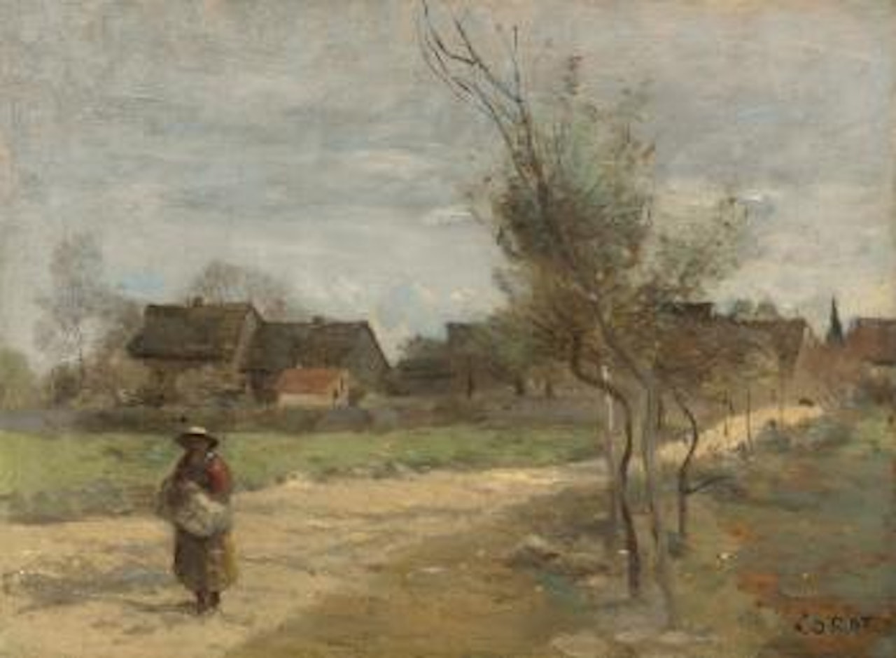 Paysanne Sur Une Route En Vue D'un Village by Jean Baptiste Camille Corot
