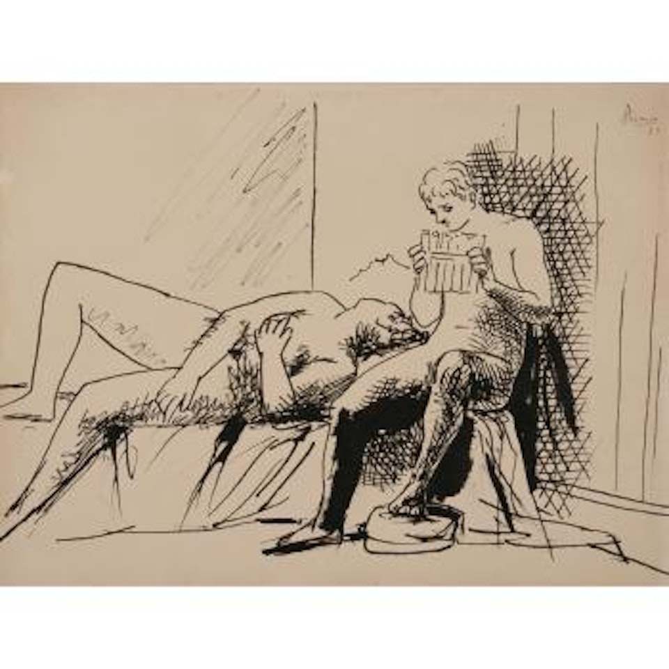 Nu Féminin Couché Et Joueur De Flûte De Pan by Pablo Picasso