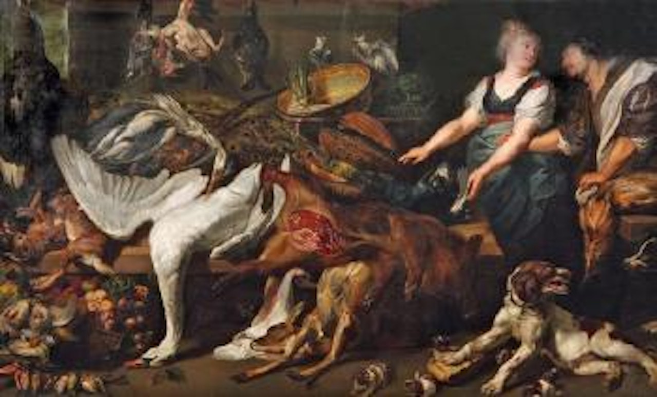 Intérieur de cuisine avec des trophées de gibier, cygne, paon, faisans et volailles by Edmund Guido Hammer  by Peter Paul Rubens by Frans Snyders