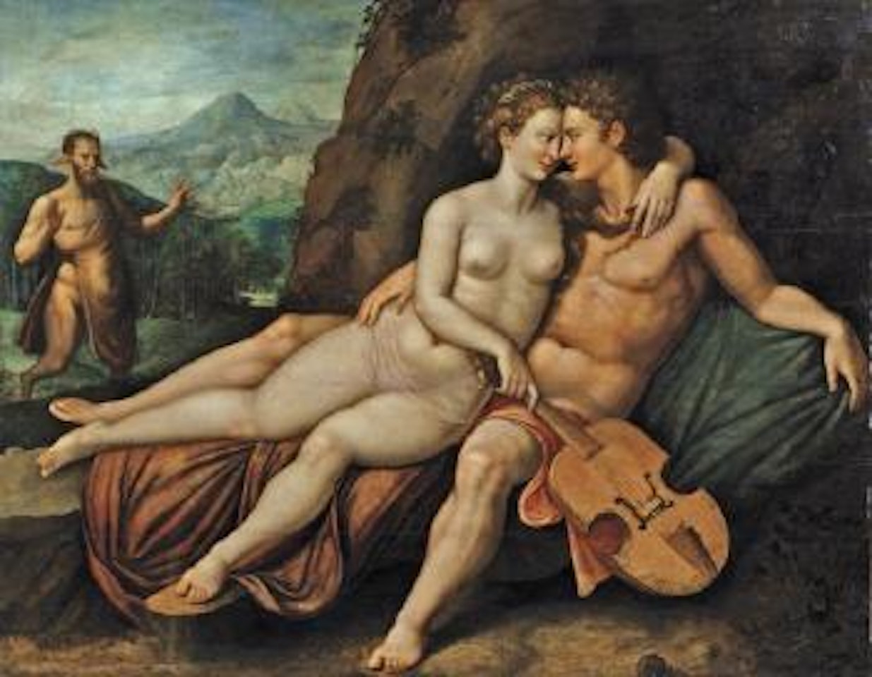 Apollon et Vénus, dans un paysage montagneux, Marsyas en arrière plan by Hendrick de Clerck