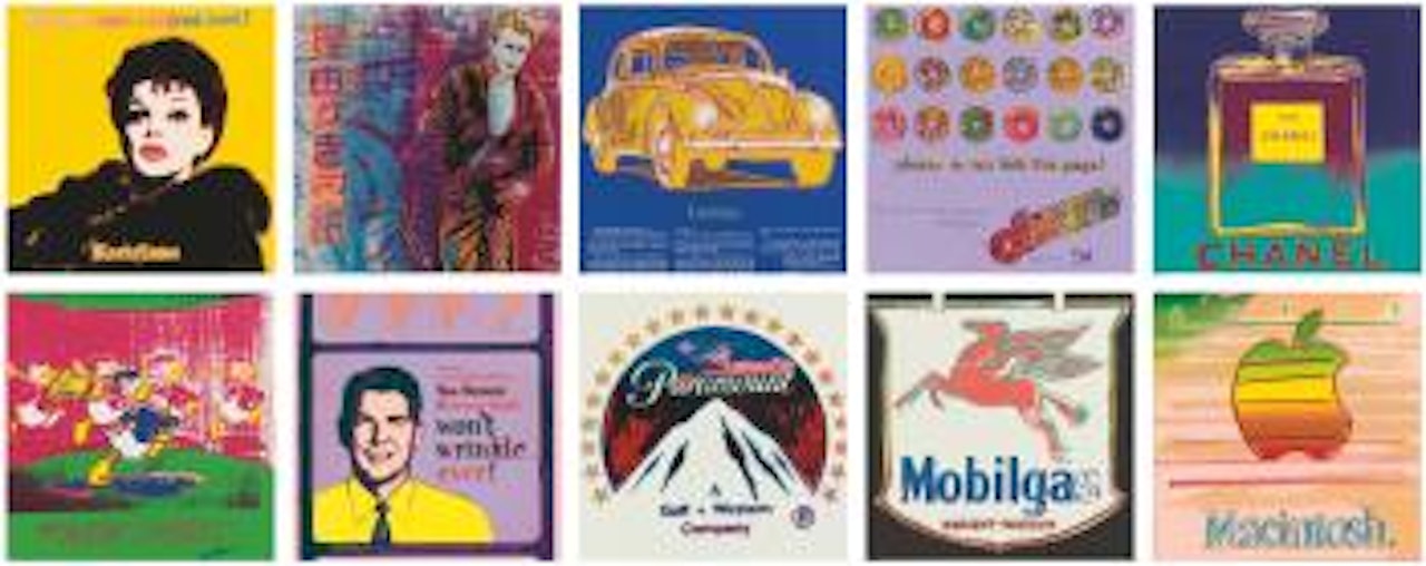 Ads: Blackglama, Rebel Without A Cause (James Dean), Volkswagen, Life Savers, Chanel, The New Spirit (Donald Duck), Van Heusen, Paramount, Mobil, And Apple by Andy Warhol