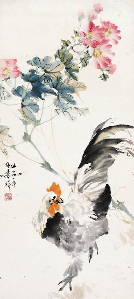 Rooster under the cotton roses by Zhang Shuqi