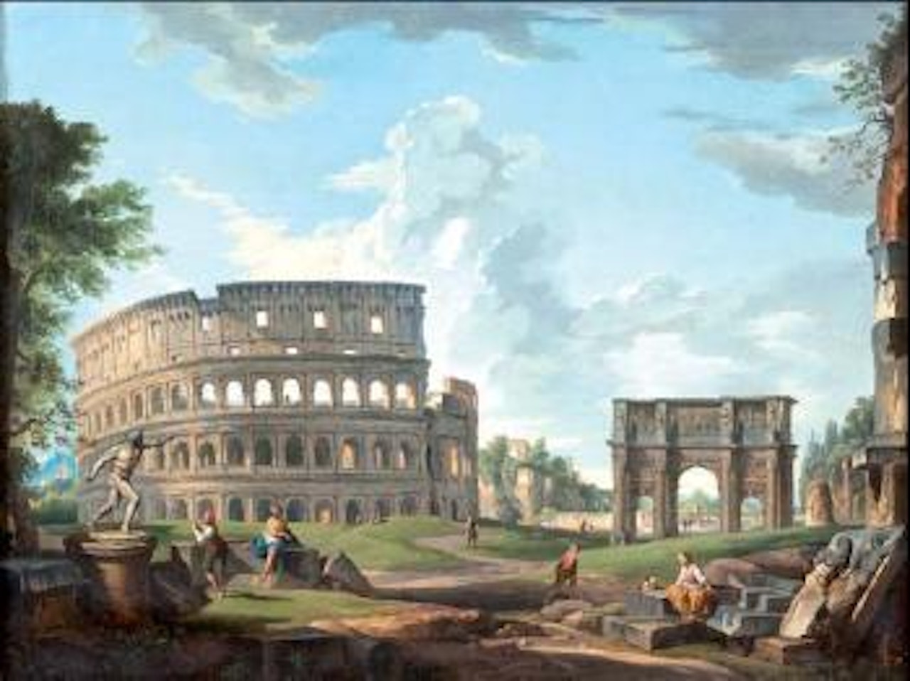 Veduta del Colosseo con l'arco di Costantino e Gladiatore Borghese by Roman School