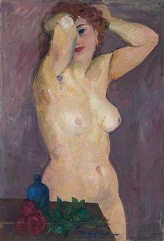 Nudo con rose e bottiglia blu by Mario Mafai