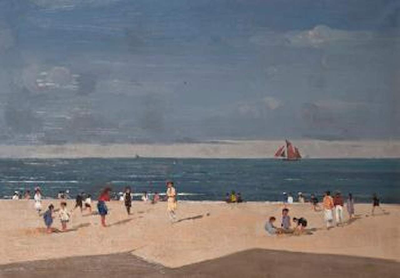 Figures on Gorleston beach under summer skies by Campbell Mellon